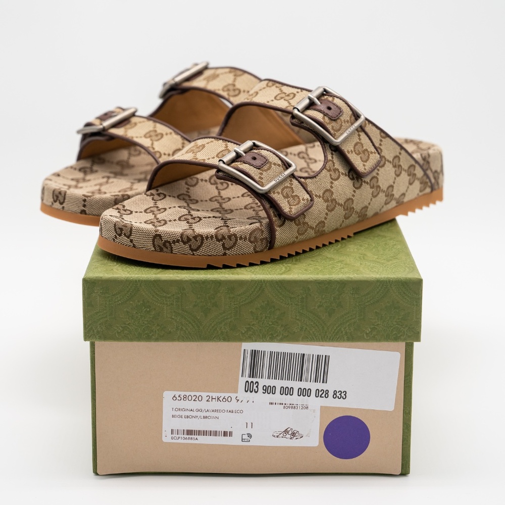 size 11G 11.5 US Gucci GG Canvas Slide Sandals Straps Beige Ebony GG Brown - Picture 11 of 12